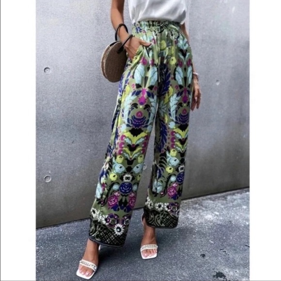 NWT$98 ZARA Boho Satin Silky Wide Leg Pants - Picture 2 of 6